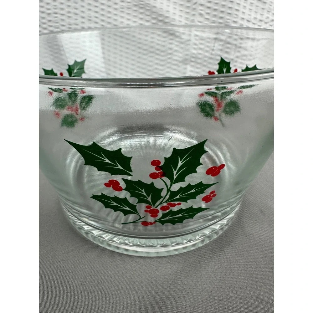 Vintage Indiana Glass Christmas Holly Berry‎ Glass Bowl Holiday Serving Dish
